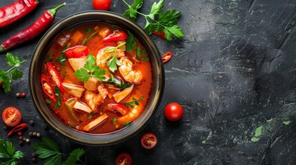 Tom Yum Kung, Thai spicy soup, the most popular Thai food, Asian food, Asian soup, the famous food of Thailand, top view - obrazy, fototapety, plakaty