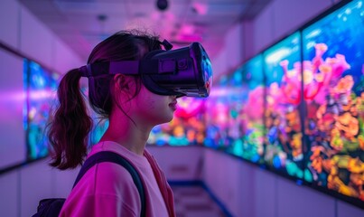 Students in a high-tech classroom are fully immersed in a virtual reality educational experience, with neon lights enhancing the futuristic vibe