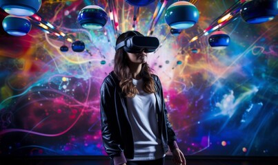 Fototapeta premium Students in a high-tech classroom are fully immersed in a virtual reality educational experience, with neon lights enhancing the futuristic vibe