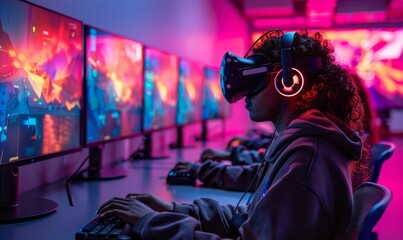 Students in a high-tech classroom are fully immersed in a virtual reality educational experience, with neon lights enhancing the futuristic vibe