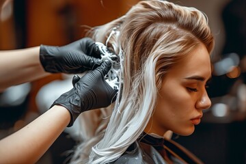Fototapeta premium Beautiful hairstyle of young woman after dyeing hair and making highlights in hair salon