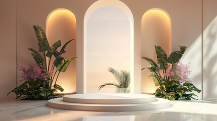Fototapeta na wymiar Realistic 3d render with podium, plant, flower, window, light for Ramadan or Eid sale offer and promotion empty display abstract background - generative ai