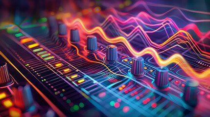 Fototapeta premium The sound wave on the audio equipment control, entertainment concept for sounds and music editing, sound engineering