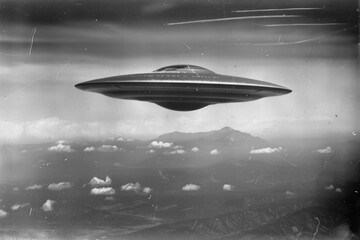 UFO flying above a city in a valley, monochromatic vintage style