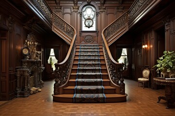 Heritage Hallway Concepts: Victorian Grandeur with Ornate Banisters & Antique Furniture - obrazy, fototapety, plakaty