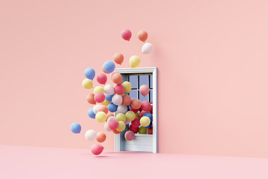 3D render of colorful balloons floating through window