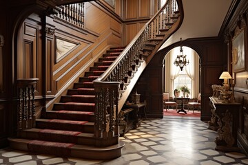 Obraz premium Victorian Heritage: Grand Staircase and Period Details in Heritage Hallway Concept