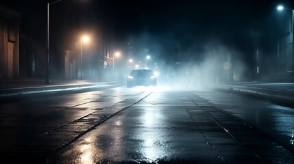 wet asphalt road, reflection of neon lights and fog, dark empty street at night, cinematic coloring
