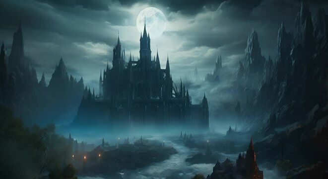 Gothic cathedral at night, moonlit architecture