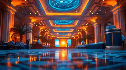 Rolgordijnen Interior design featuring electric blue lights on ceiling of building © yuchen