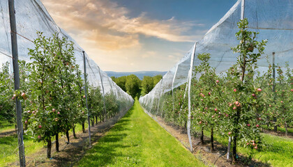 Well organized fruit orchard with apple trees in rows covered with special net - obrazy, fototapety, plakaty