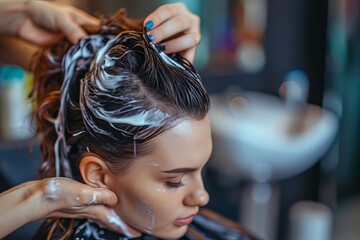 Beautiful hairstyle of young woman after dyeing hair and making highlights in hair salon