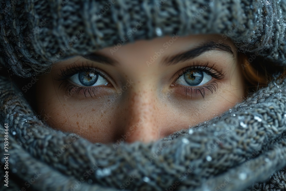 Poster a close-up image capturing the intricate patterns of a cozy knitted sweater, with a focus on the tex