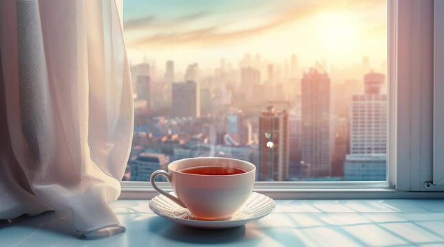 Urban Tea Retreat: Cityscape View from the Tea Room Window Seamless looping 4k time-lapse virtual video animation background. Generated AI