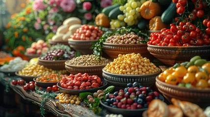Tuinposter Assorted fruits and vegetables artfully displayed in a bustling market scene, adorned with wooden tables and rustic charm, illuminated by the soft glow of natural light. © visual artstock