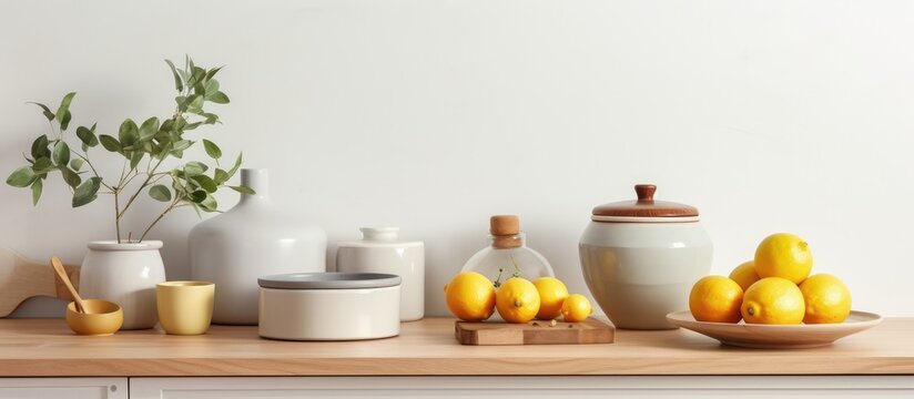 In a modern kitchen, a wooden countertop is adorned with fresh lemons and jars. The grey furniture and white walls provide an elegant backdrop for the ceramic kitchenware on the beige surface.