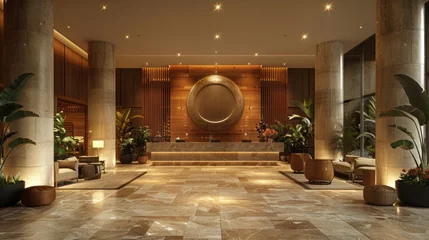 Tuinposter Artistic lobby of a hotel with fixtures, plants, wood doors, and flooring © yuchen