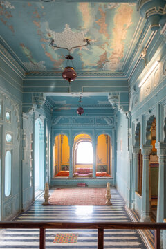 inside of City Palace in Rajasthan, city of Udaipur. It is a palace complex located on the east bank of Lake Pichola.