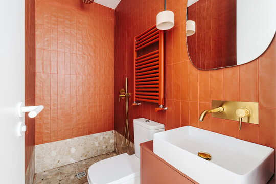 modern red colored bathroom interior
