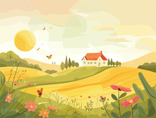Fototapeta premium House on hill amidst field, flowers. Natures painting with clouds, sunlight