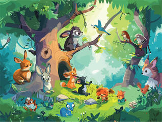 Cartoon animals in a natural landscape by a tree in the forest