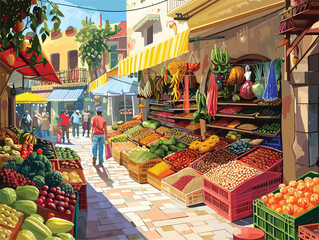 a painting of a market filled with fruits and vegetables