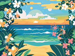 A watercolor painting of a beach with green plants and leaves in the foreground