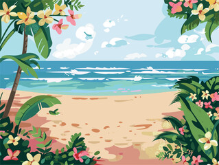 Fototapeta na wymiar Vibrant beach painting with palm trees, flowers, and azure skies