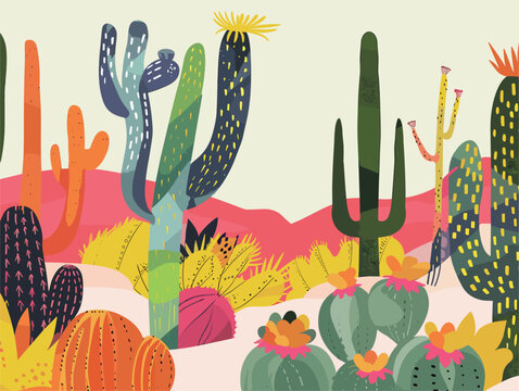 An array of various cactus species in the illustration
