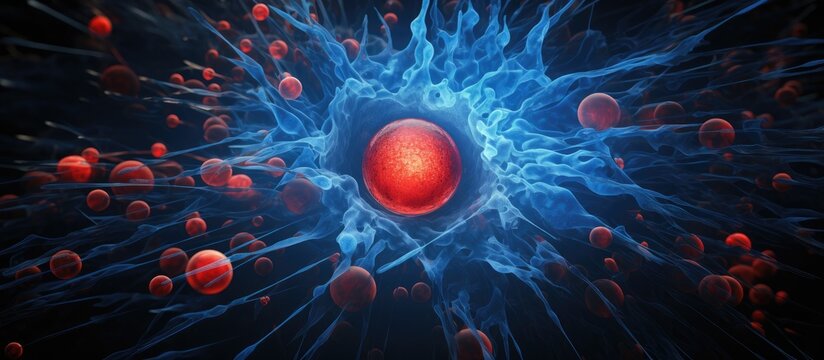 A TEM micrograph displays a red mitotic cell surrounded by blue interphase cells. Red chromosomes appear as clumps within the cell, contrasting with the blue surrounding cells.