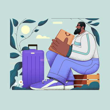 illustration of a man sitting on a crate with a suitcase