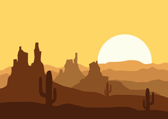 Panoramic view of the desert in America. Vector illustration in flat style.