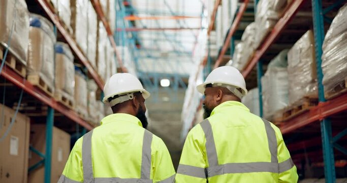 Men, warehouse and teamwork walking for logistics inventory for packaging production, collaboration or supply chain. Male person, back and ecommerce factory or shipping distribution, export or parcel
