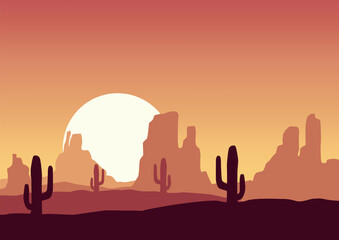 Panoramic view of the desert in America. Vector illustration in flat style.