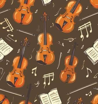 a violin and music notes on a brown background