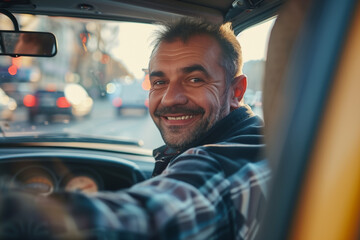 Friendly taxi driver, man smiling at the wheel of a car in a busy city with copy space