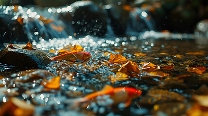 autumn leaves on the water, Koi fish pond and full of colorful fish 