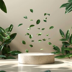 Mockup empty minimal beige color round podium with  green leaves for skincare, cosmetic, beverage product advertising display