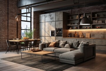 Concrete Countertops & Modern Kitchen Ideas for Industrial Chic Loft Living Room Concept