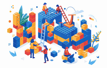 An illustration of two people building an elaborate lego structure - obrazy, fototapety, plakaty