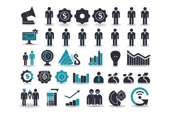 A set of icons for business people in blue and black on a white background