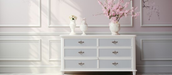 A white dresser with a vase of flowers placed on top of it, adding a touch of elegance to the room decor.