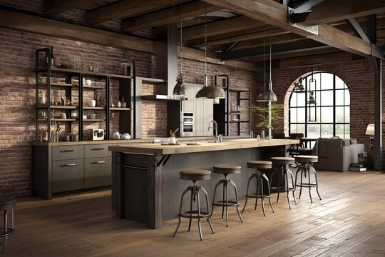 Industrial-Chic Kitchen Inspiration: Exposed Beams, Stainless Steel Appliances, Industrial Bar Stools