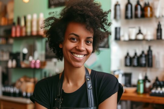 Smiling beauty salon owner. Cosmetologist. Small business. Businesswoman