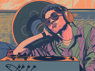 A man in cool eyewear enjoying music on a record player