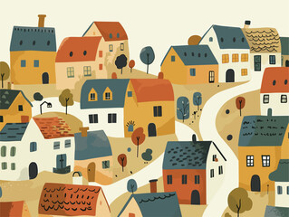 a cartoon illustration of a small town with lots of houses and trees
