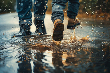 A close-up of a modern parent and their child's feet jumping into a puddle, splashing water everywhere. The joy and excitement are palpable in the movement of their interaction. - obrazy, fototapety, plakaty