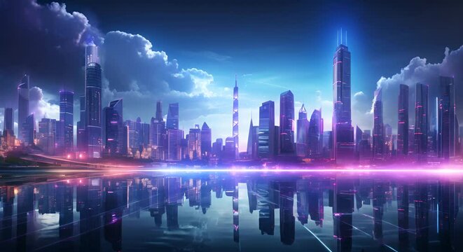 Futuristic city skyline, neon glow with sky copy area
