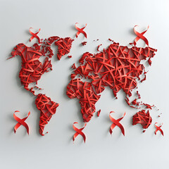 A conceptual image of a world map connected by red ribbons highlighting the global effort of young people in the fight against AIDS