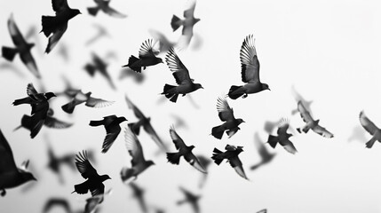 A flock of birds engineered in flight like airplanes stand out in black and white against white - Powered by Adobe